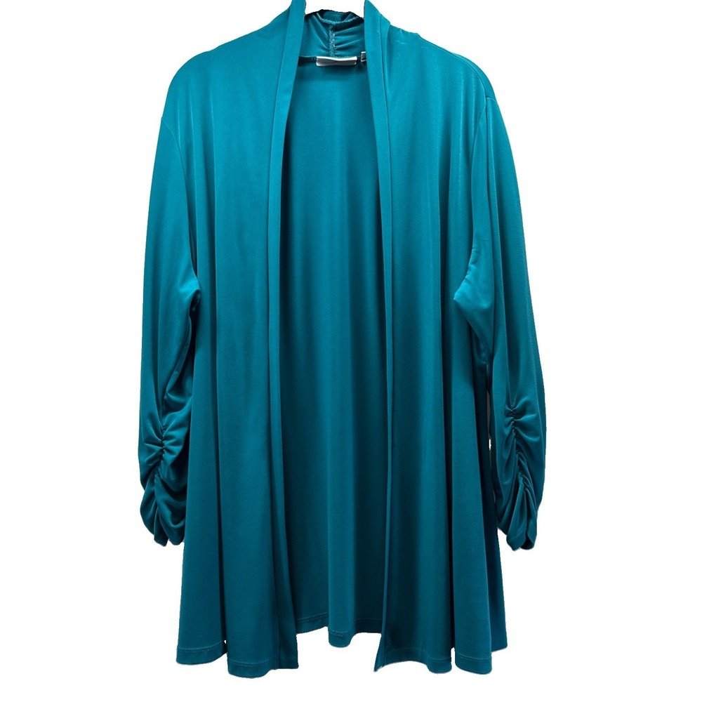 Susan Graver Women's Jacket Cardigan Sz Large Solid Blue Ruched 3/4 Sleeves Open